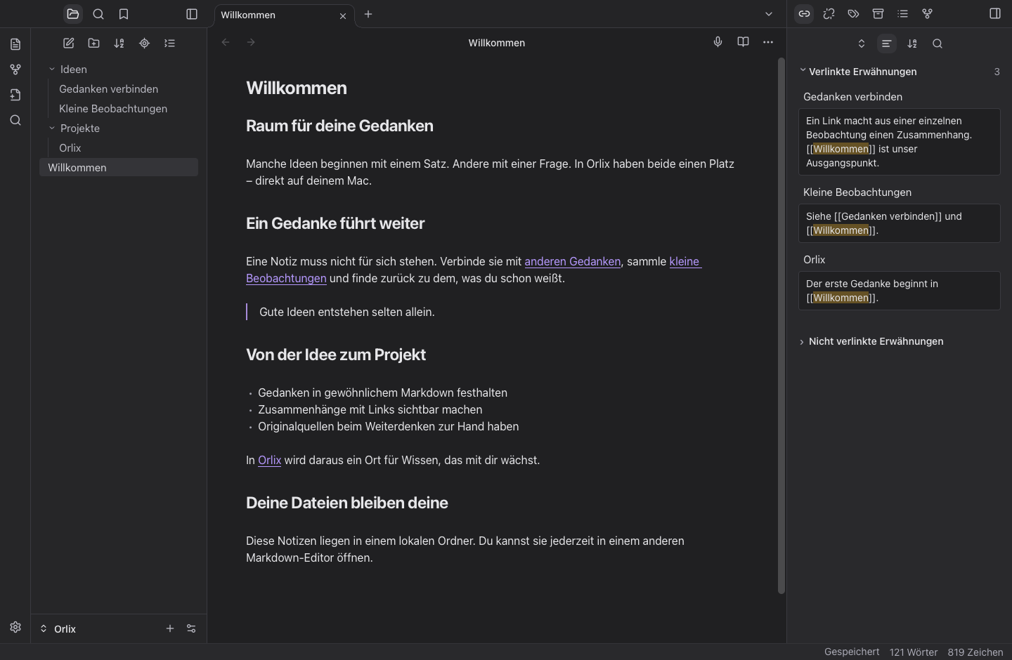 Originaler App-Ausschnitt im Dark Theme mit Beispielnotizen mit Markdown-Notiz, Ordnernavigation und verknüpften Erwähnungen im rechten Bereich.